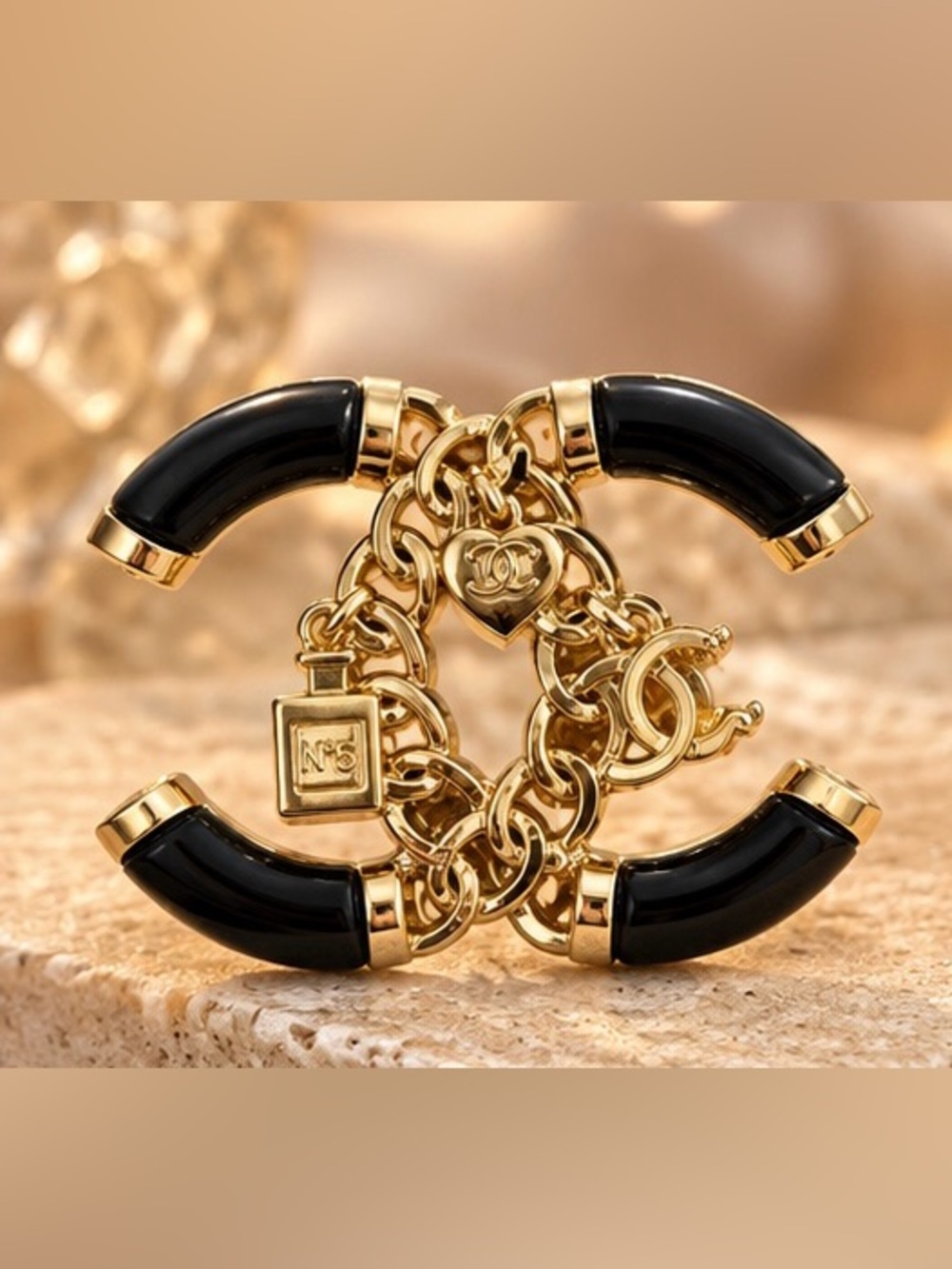 Black & Gold Statement Brooch Chain Charm Pin Bold Fashion Jewelry